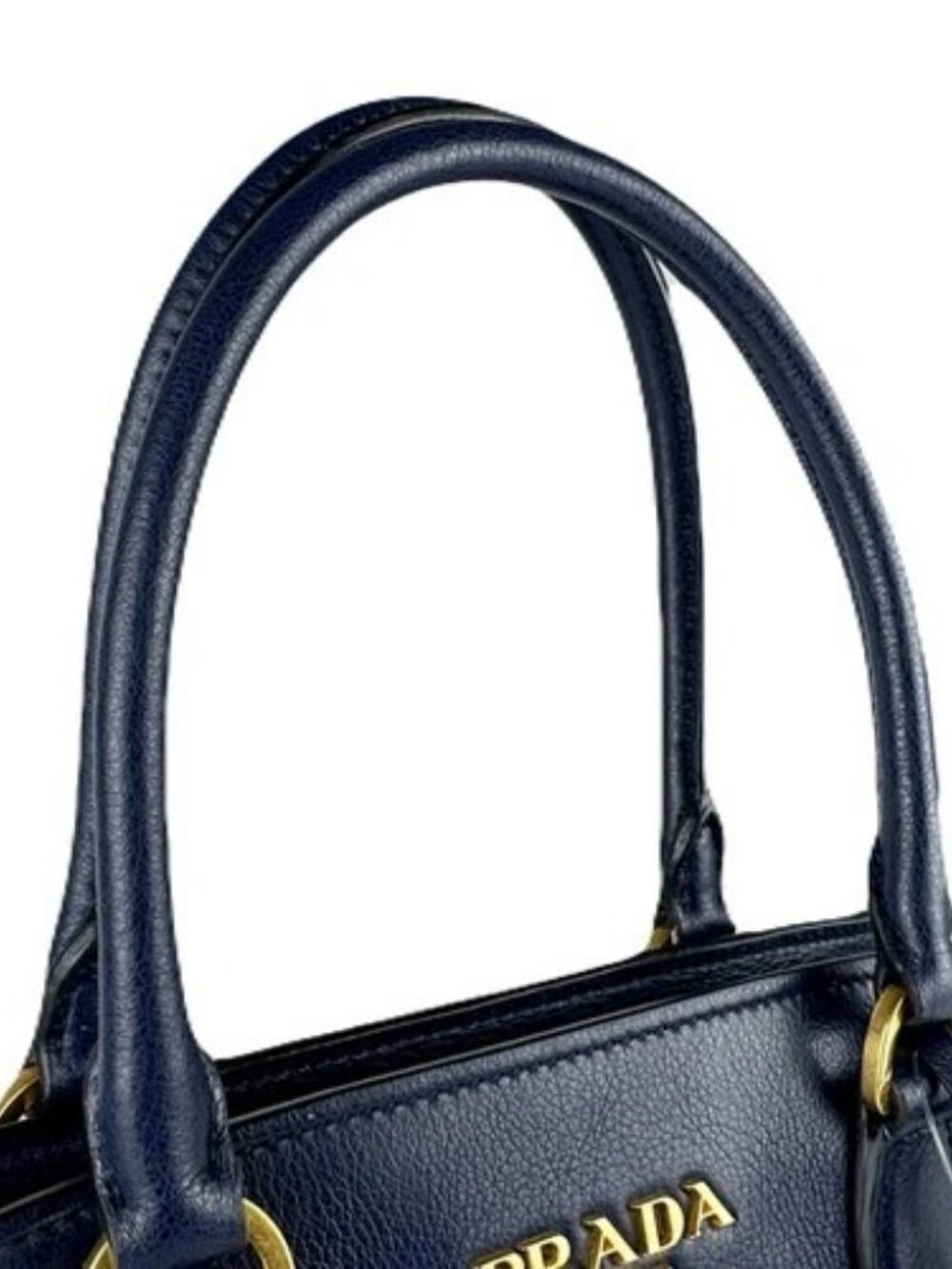 Auth PRADA Handbag Shoulder Bag Navy Leather/Goldtone - z8878 - Picture 11 of 14